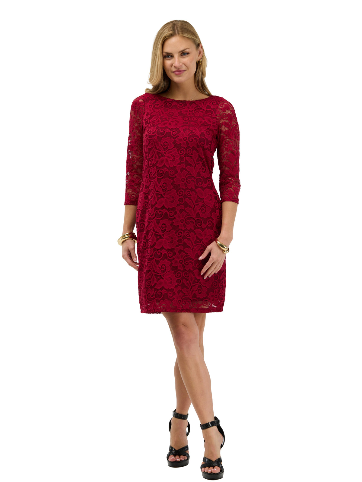 24seven Comfort Elevate Womens Elegant Floral Lace Three-Quarter Sleeve Dress