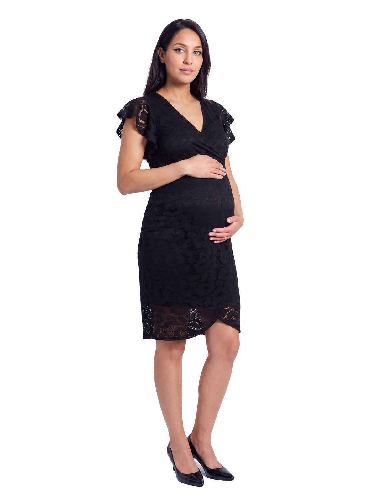 24seven Comfort Elevate Maternity Lace V Neck Flutter Sleeve Faux Wrap Midi Dress