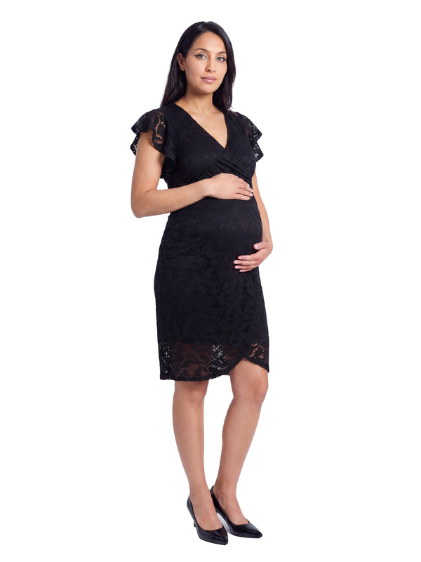 24seven Comfort Elevate Maternity Lace V Neck Flutter Sleeve Faux Wrap Midi Dress