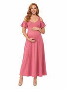 24seven Comfort Elevate Maternity Scoop Neck Cold Sholder Ruffle Sleeve A Line Maxi Dress