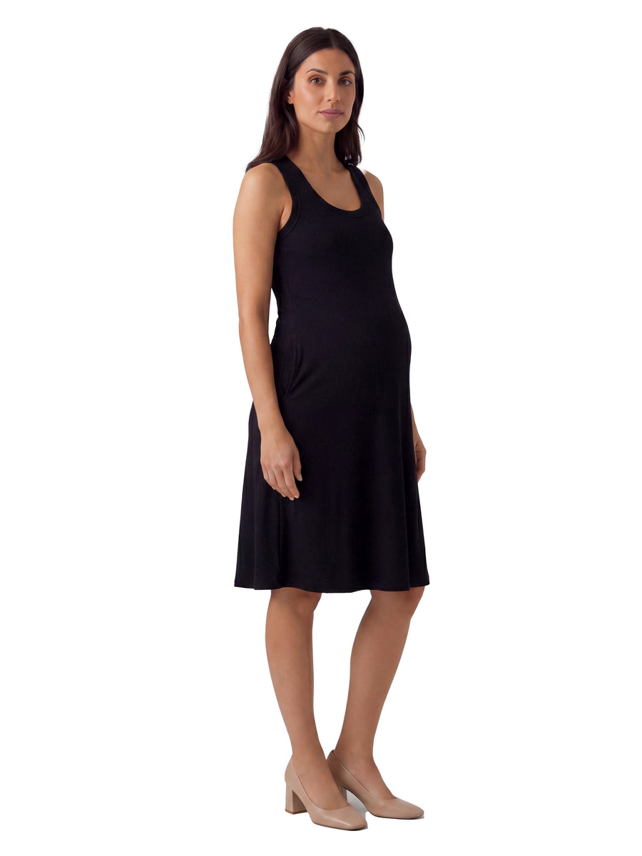 24seven Comfort Essential Maternity Ribbed Knit Sleeveless Scoop Neck Pocket A Line Midi Dress