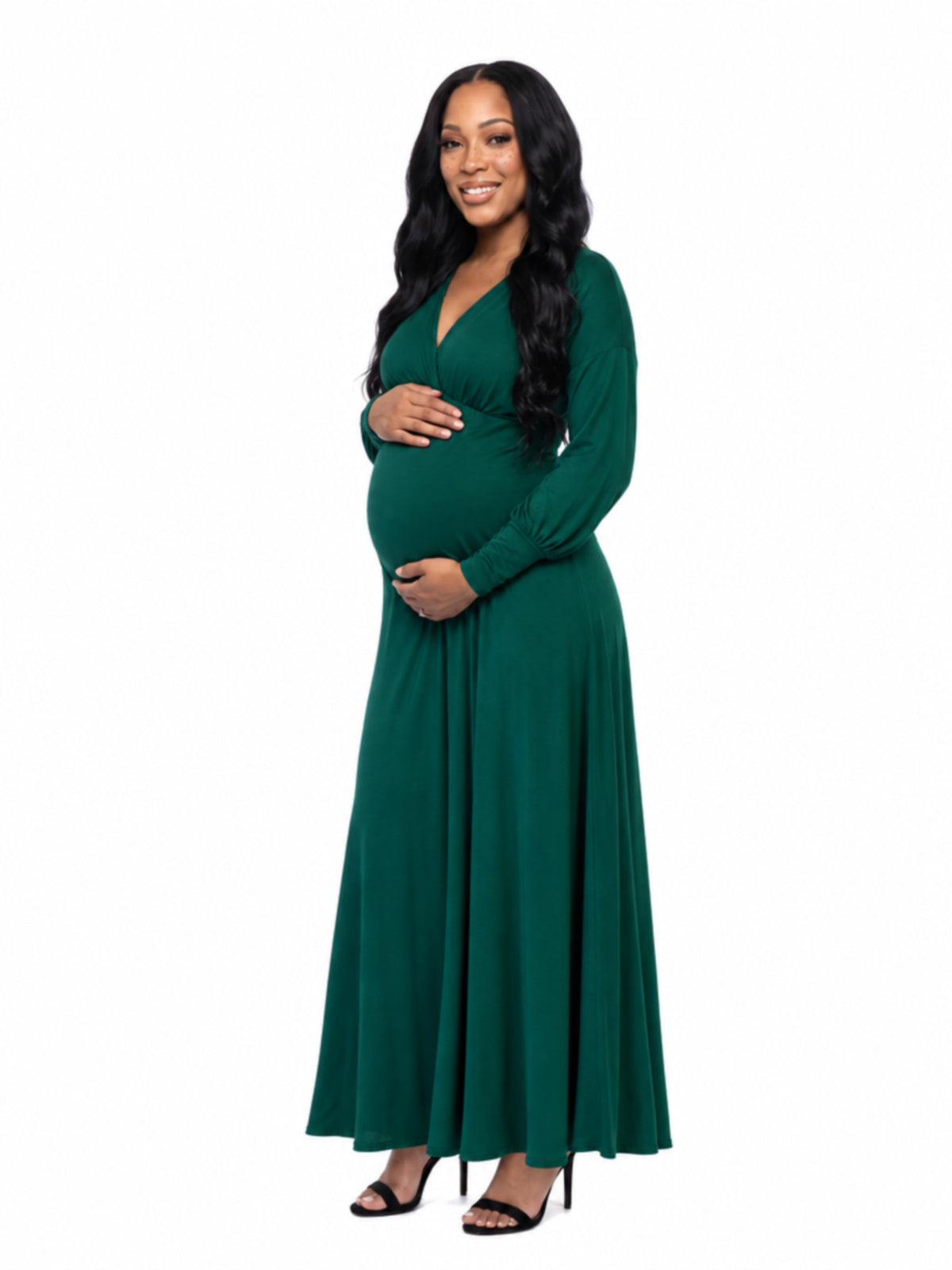 24seven Comfort Elevate Maternity V Neck Empire Waist Long Bishop Sleeve Maxi Dress