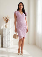 24seven Comfort Elevate Maternity Lace V Neck Flutter Sleeve Faux Wrap Midi Dress