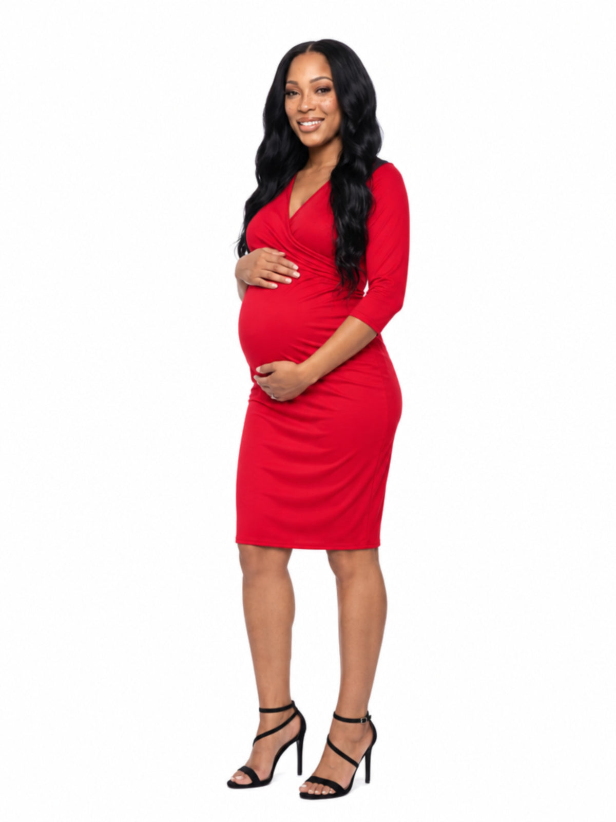 24seven Comfort Essential Maternity V neck Long Sleeve Knee Length Faux Wrap Dress