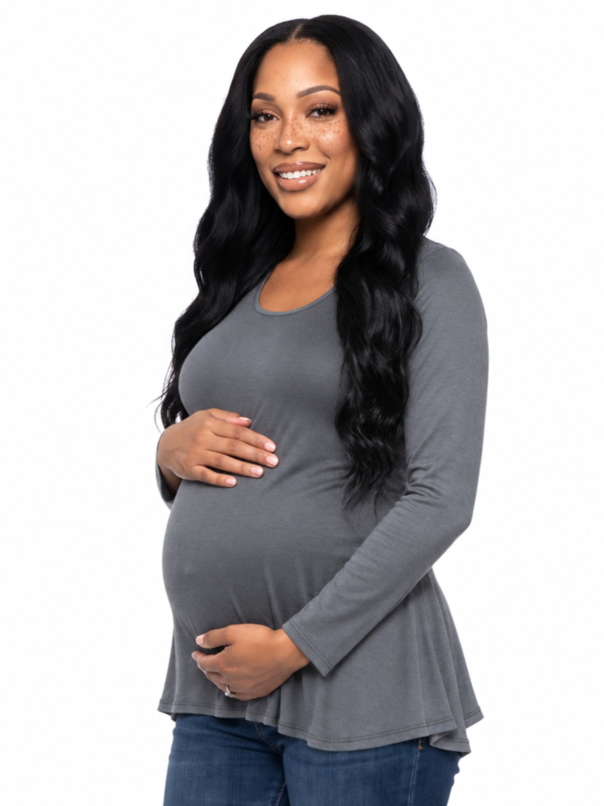 24seven Comfort Basic Maternity Long Sleeve Scoop Neck Swing Style Soft Flare Tunic Top