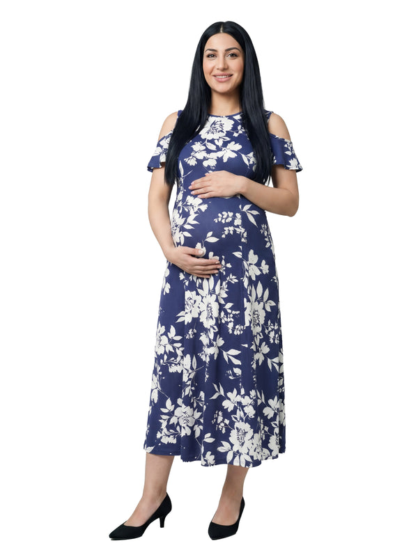 24seven Comfort Elevate Maternity Floral Ruffle Sleeve Cold Shoulder A Line Maxi Dress