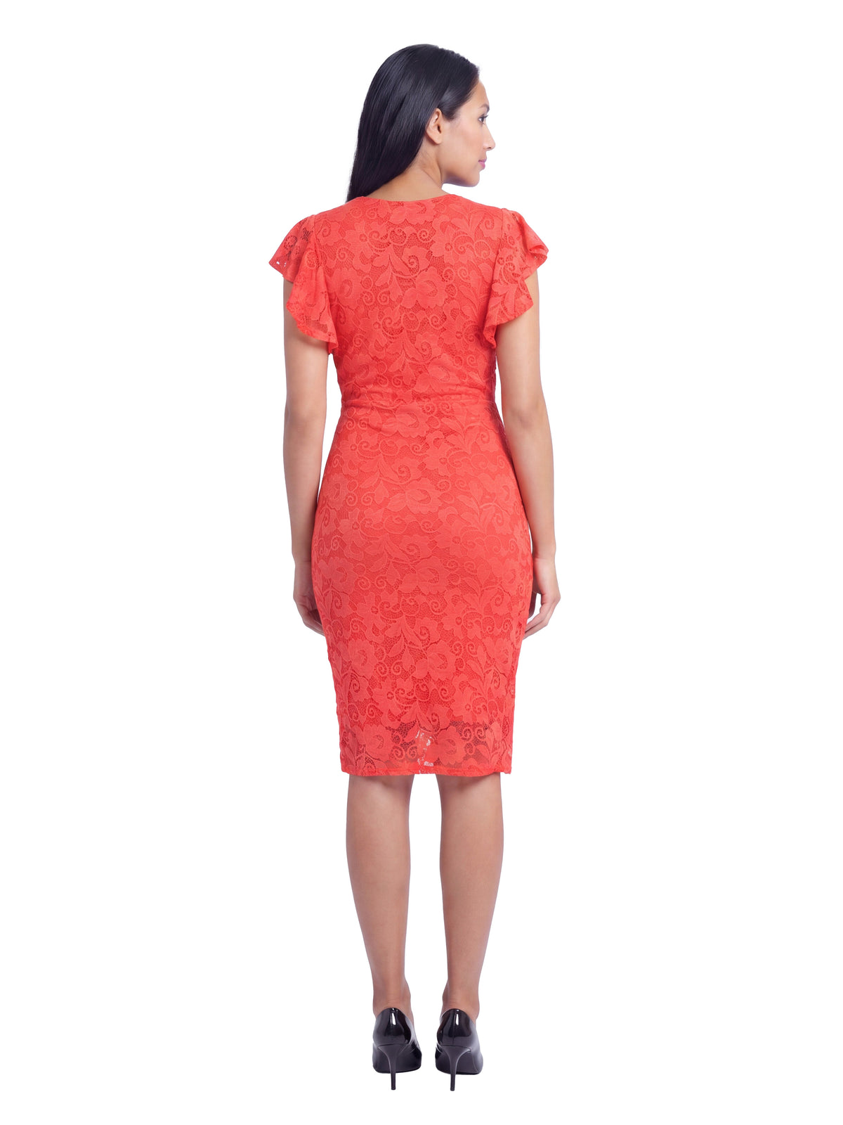 24seven Comfort Elevate Maternity Lace V Neck Flutter Sleeve Faux Wrap Midi Dress