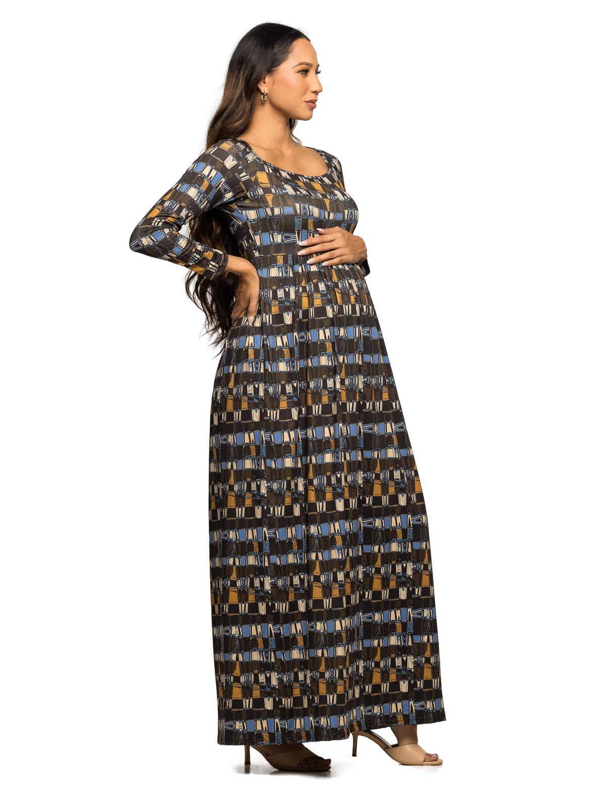 24seven Comfort Essential Maternity Brown Geometric Print Square Neck Long Sleeve Empire Waist Maxi Dress