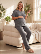 24seven Comfort Basic Maternity Ribbed Knit Dolman Sleeve V Neck Top and Drawstring Wide Leg Pant Set