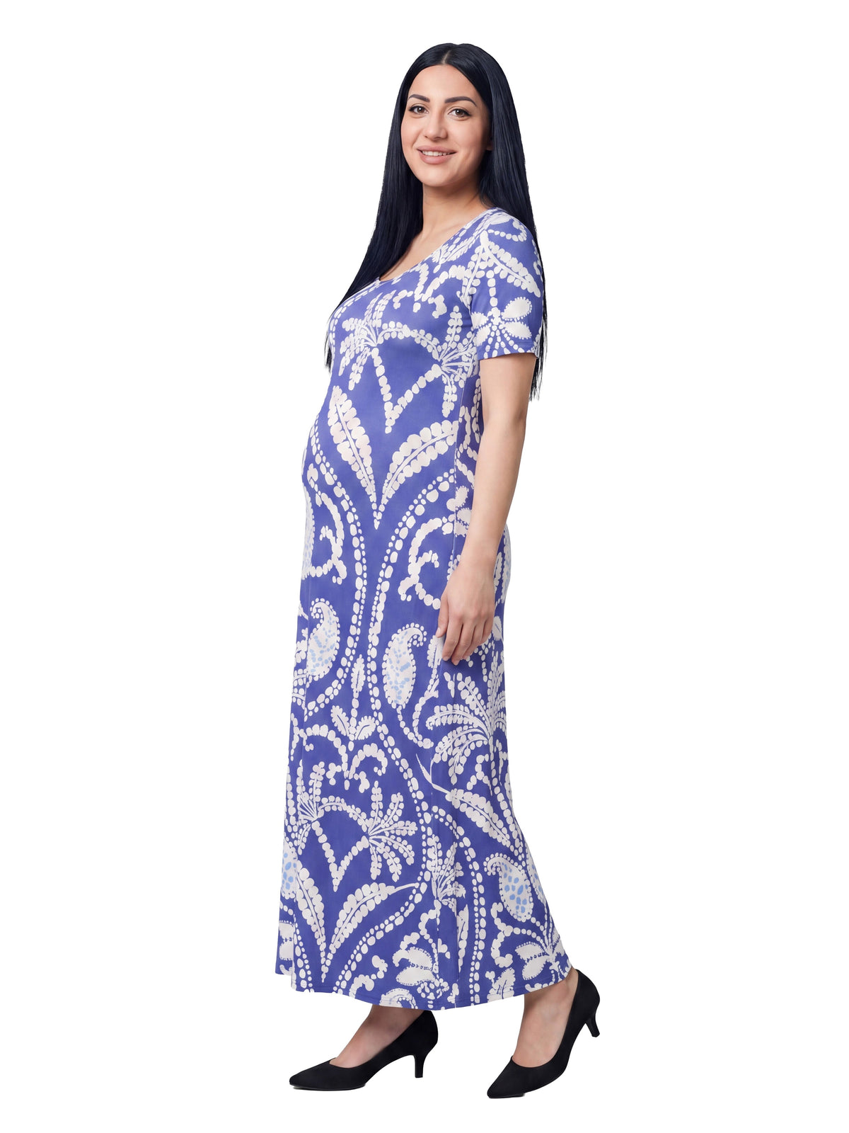 24seven Comfort Essential Maternity Blue Paisley Scoop Neck Elbow Sleeve A Line Maxi Dress