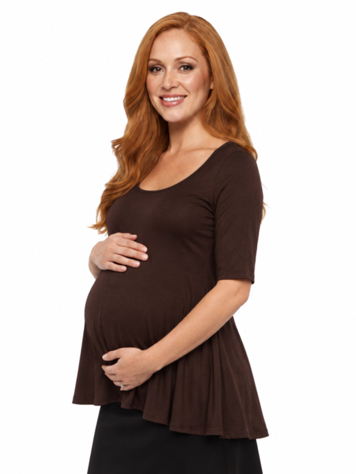 24seven Comfort Basic Maternity Scoop Neck Elbow Swing Flared Tunic Top