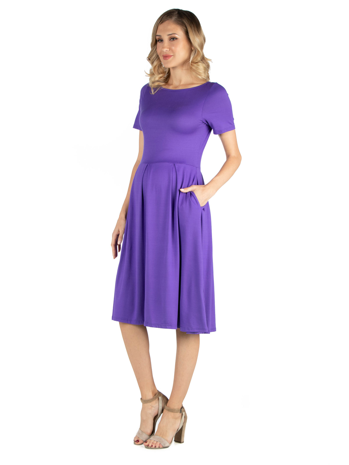 24seven Comfort Essential Maternity Boat Neck Short Sleeve Pleated Pocket Midi Dress