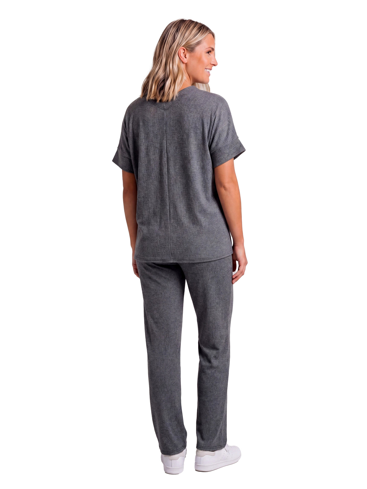 24seven Comfort Basic Maternity Ribbed Knit Dolman Sleeve V Neck Top and Drawstring Wide Leg Pant Set