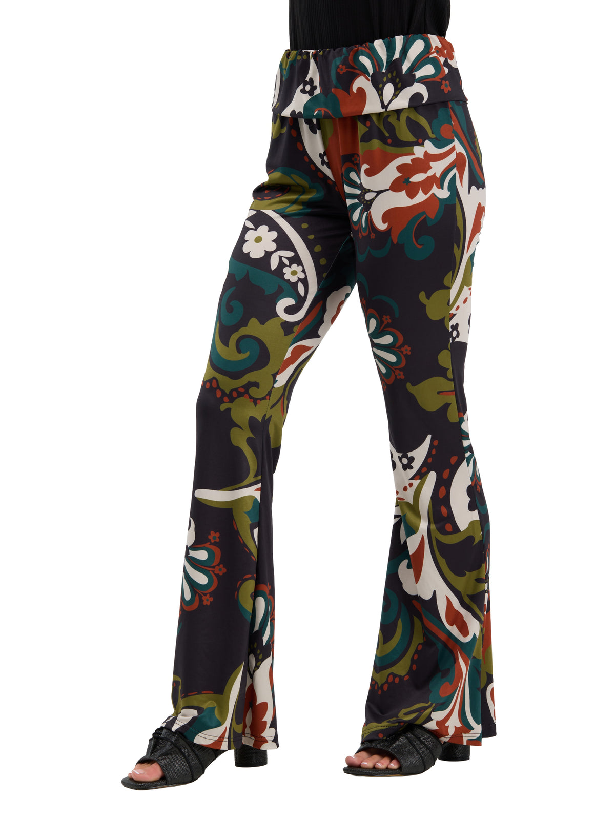 24seven Comfort Essential Womens Paisley Floral Bell Bottom Foldover Waist Sweatpants
