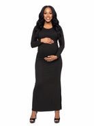 24seven Comfort Essential Maternity Long Sleeve Side Slit Fitted Black Maxi Dress