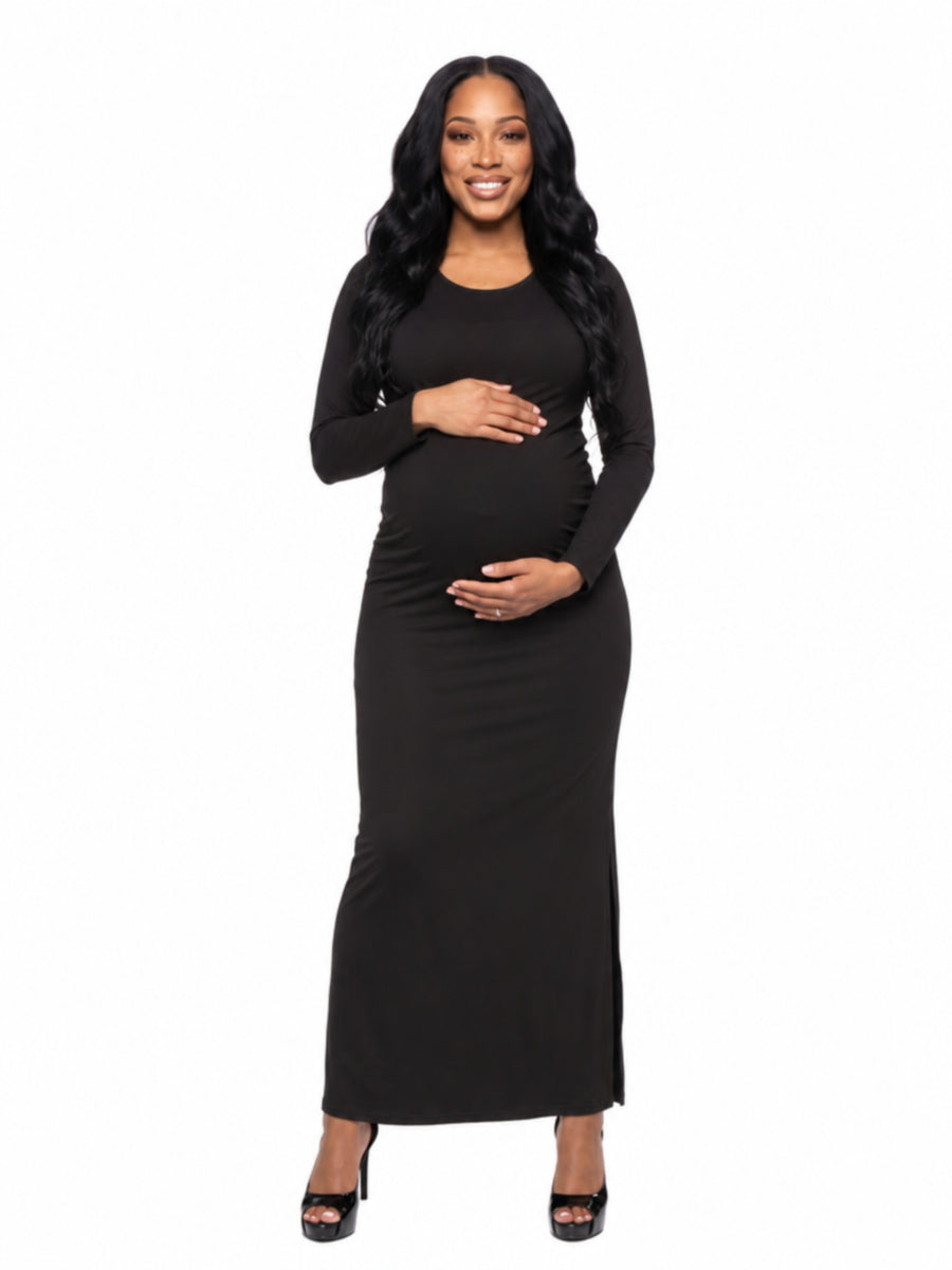 24seven Comfort Essential Maternity Long Sleeve Side Slit Fitted Black Maxi Dress