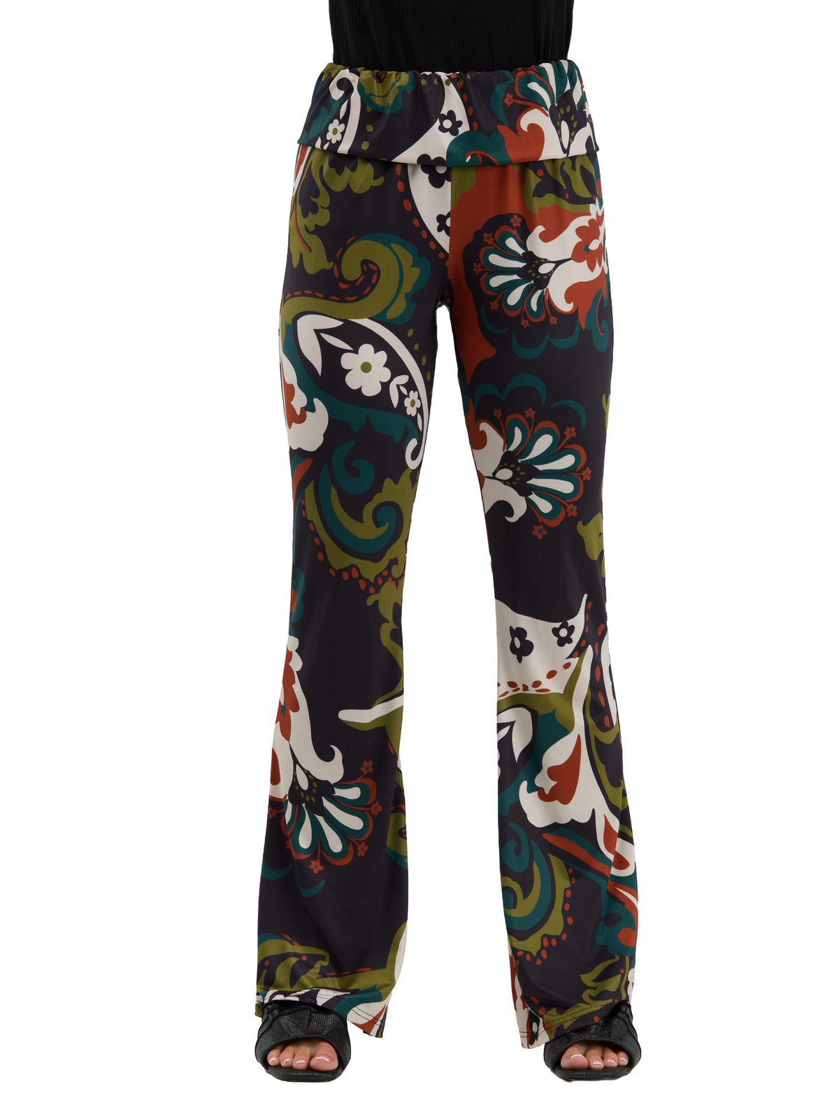 24seven Comfort Essential Womens Paisley Floral Bell Bottom Foldover Waist Sweatpants