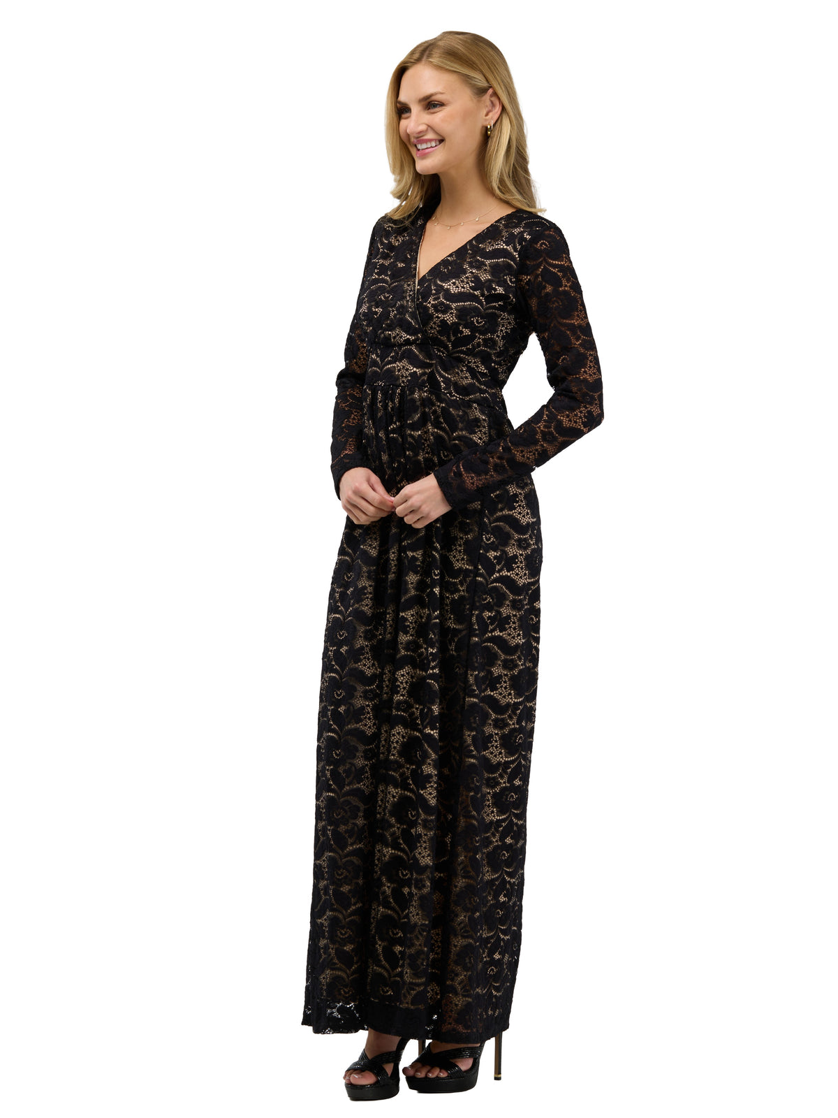 24seven Comfort Elevate Womens Elegant V Neck Long Sleeve Floral Lace Dress