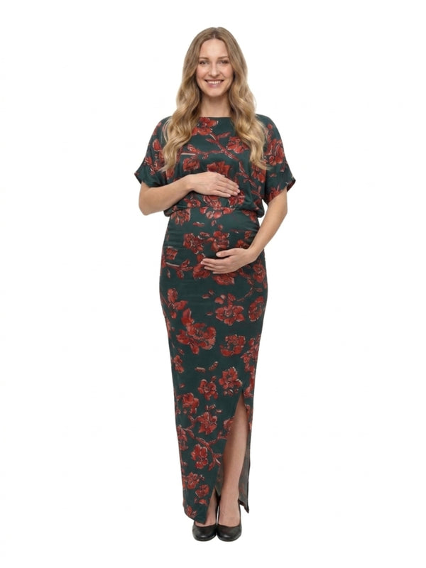 24seven Comfort Elevate Maternity Elegant Short Sleeves Floral Long Maxi Dress