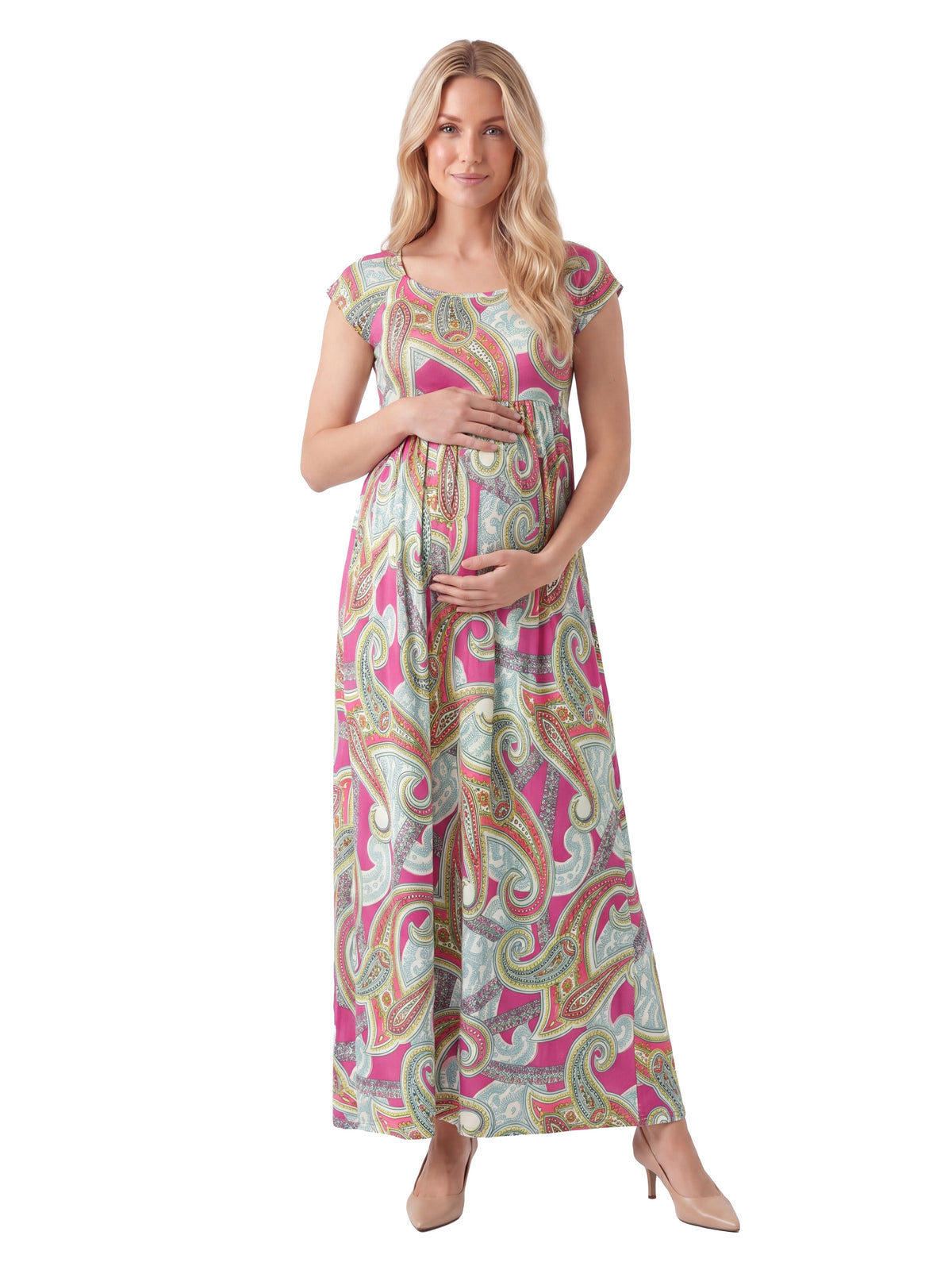 24seven Comfort Essential Maternity Paisley Square Neck Cap Sleeve Pleated A Line Maxi Dress