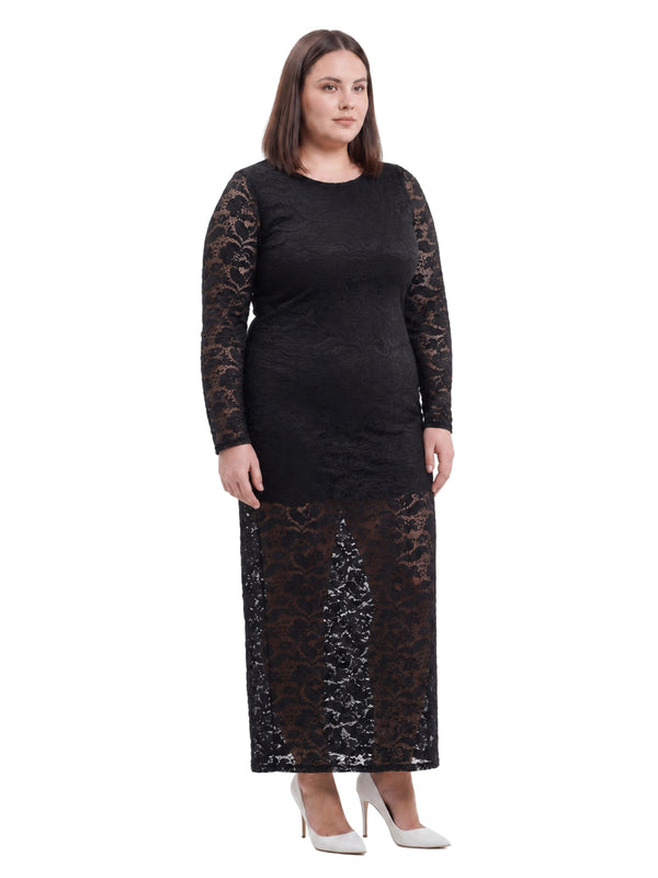 24seven Comfort Elevate Curvy Round Neck Long Sleeve Lace Maxi Dress