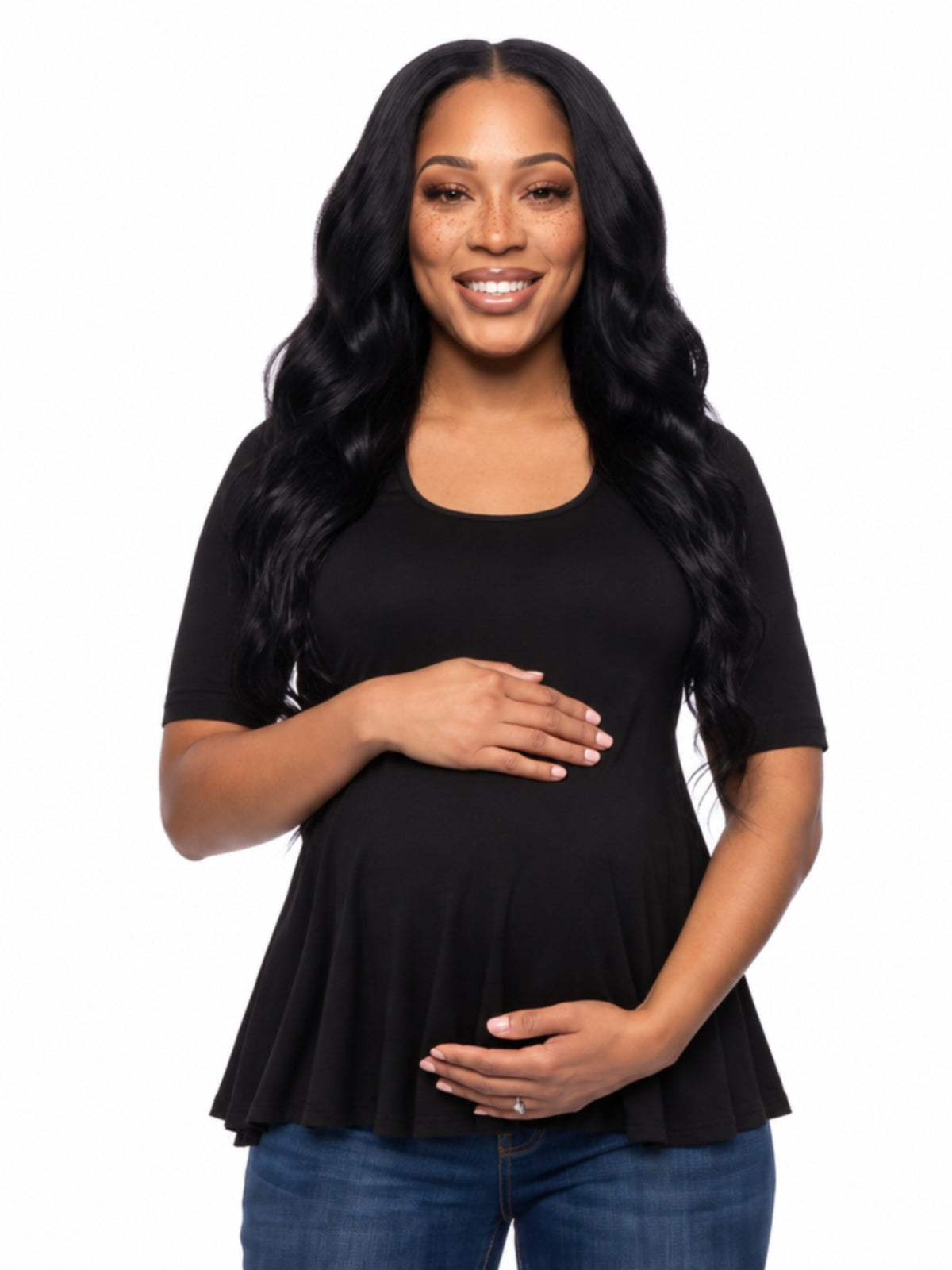 24seven Comfort Basic Maternity Scoop Neck Elbow Swing Flared Tunic Top