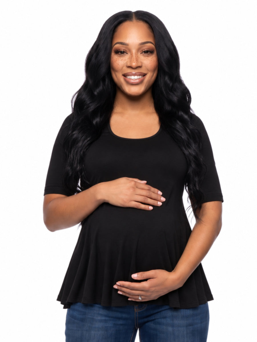 24seven Comfort Basic Maternity Scoop Neck Elbow Swing Flared Tunic Top