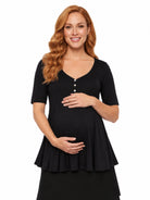 24seven Comfort Basic Maternity V Neck Elbow Sleeve Flared Henley Style Tunic Top