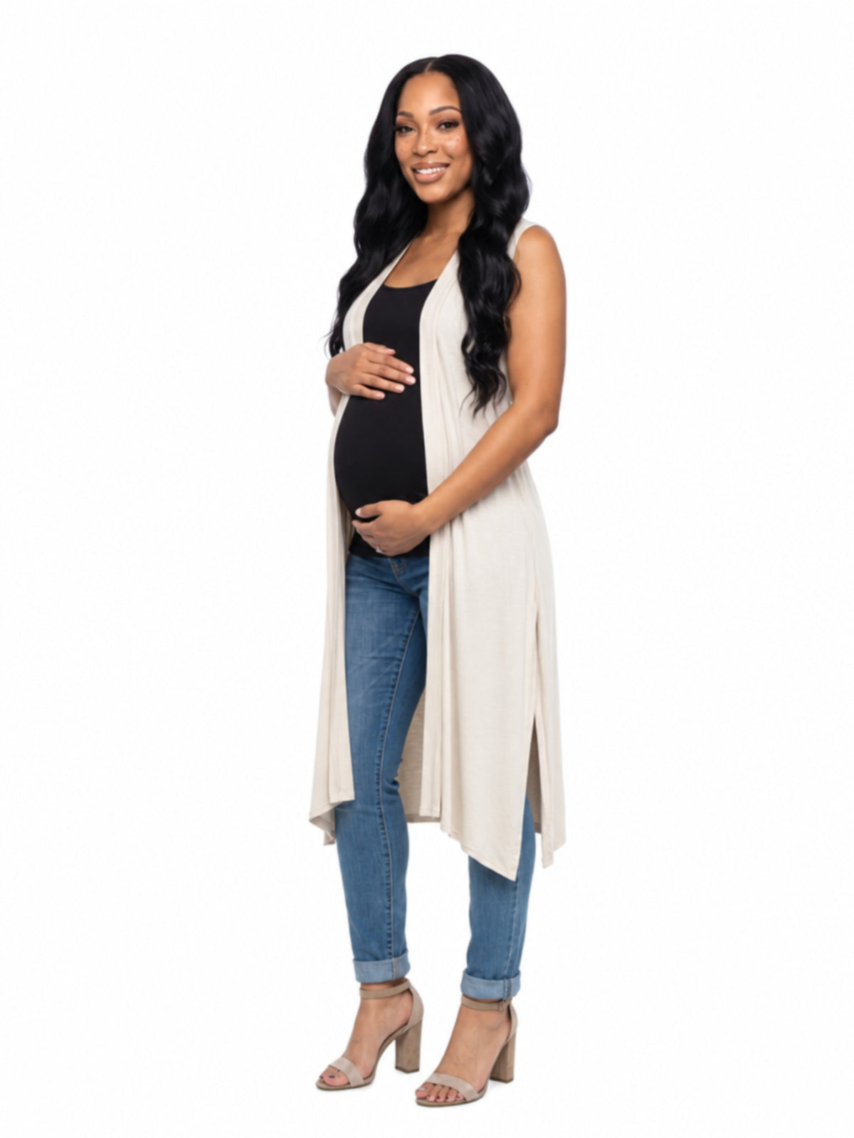 24seven Comfort Basic Maternity Sleeveless Open Front Side Slit Extra Long Jacket