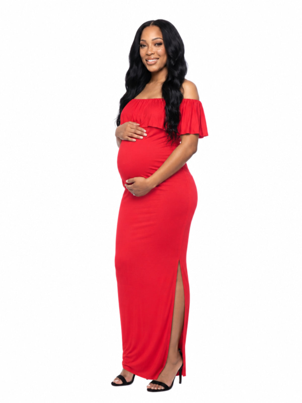 24seven Comfort Essential Maternity Off Shoulder Ruffle Detail Side Slit Maxi Dress
