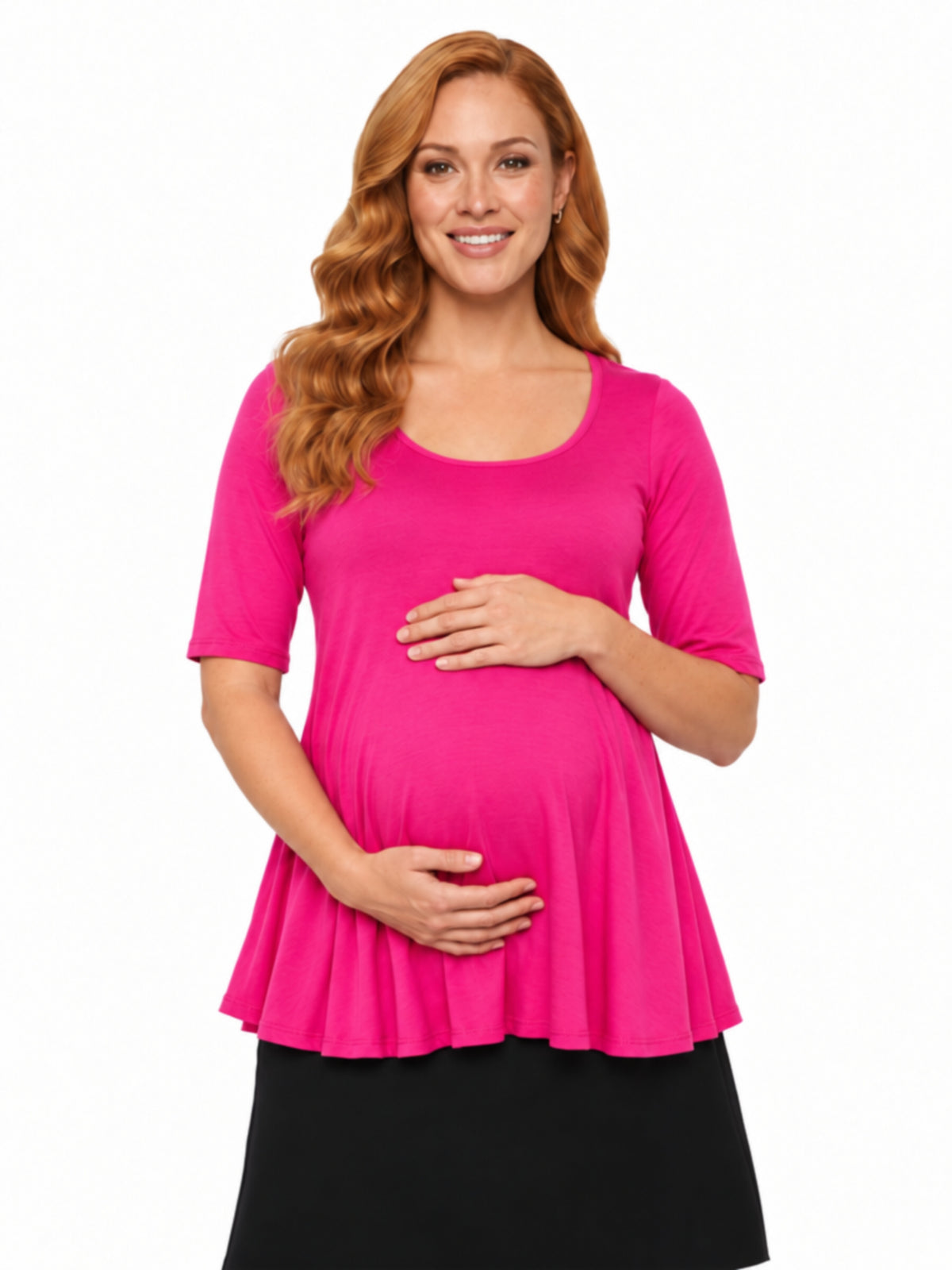 24seven Comfort Basic Maternity Scoop Neck Elbow Swing Flared Tunic Top