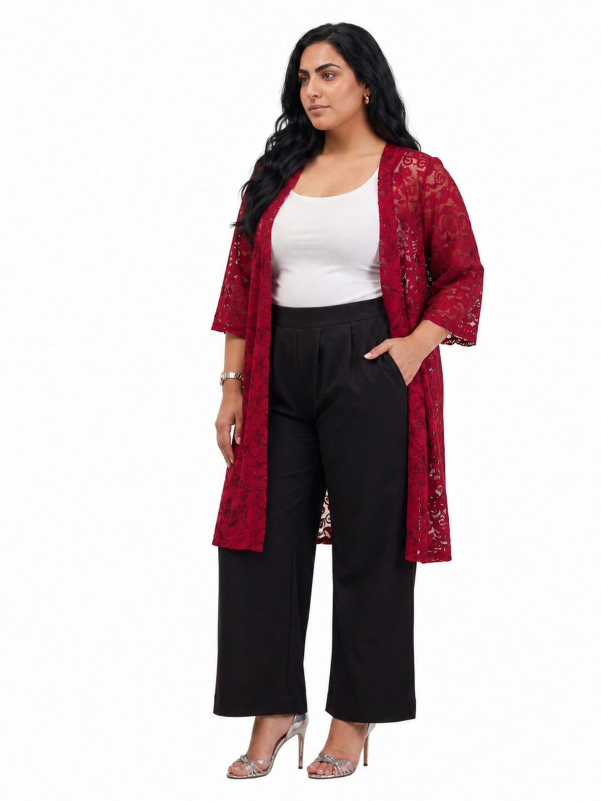 24seven Comfort Elevate Curvy Lace Open Front Three-Quarter Sleeves Jacket