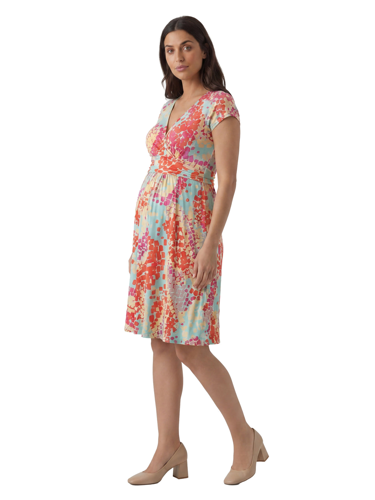 24seven Comfort Essential Maternity Mosiac V Neck Cap Sleeve Knee Length A Line Pocket Dress