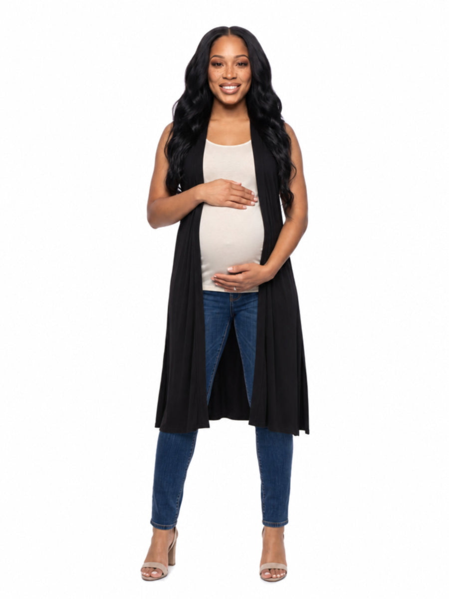 24seven Comfort Basic Maternity Sleeveless Open Front Side Slit Extra Long Jacket
