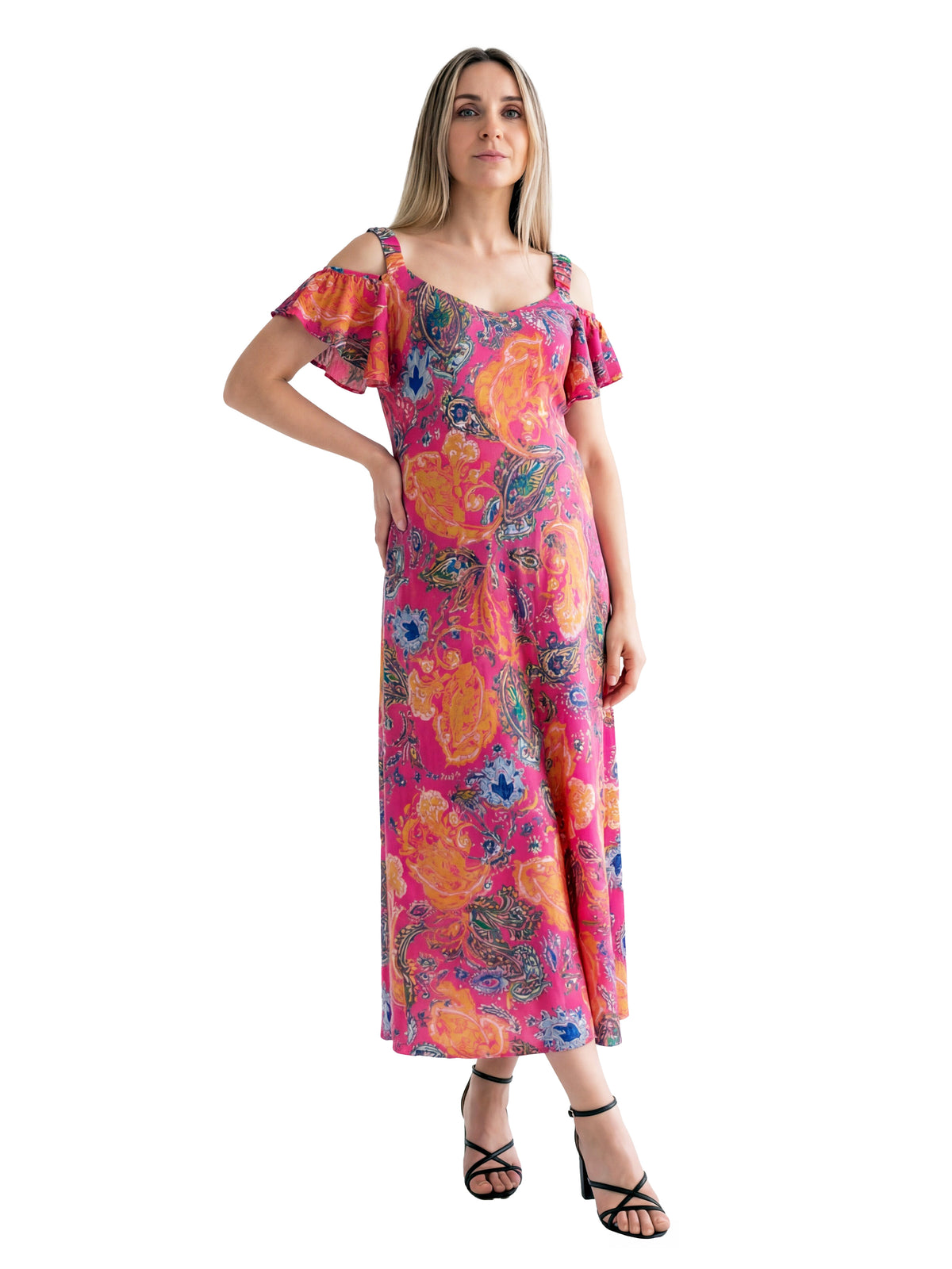 24seven Comfort Elevate Maternity Pink Paisley Print Cold Sholder Ruffle Sleeve A Line Maxi Dress
