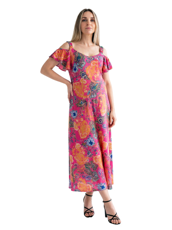 24seven Comfort Elevate Maternity Pink Paisley Print Cold Sholder Ruffle Sleeve A Line Maxi Dress