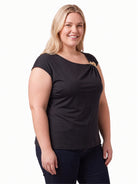 24seven Comfort Elevate Curvy Cap Sleeve Asymmetrical Boat Neck With Gold Shoulder Brooch Top