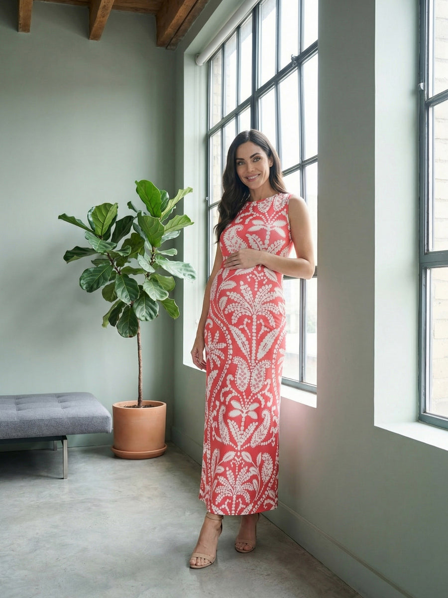 24seven Comfort Essential Maternity Red Paisley Sleeveless Side Slit Bodycon A Line Maxi Dress