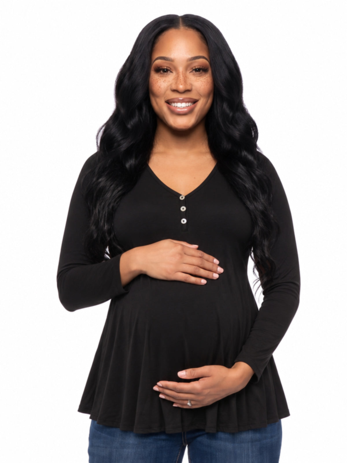 24seven Comfort Basic Maternity V Neck Long Sleeve Soft Flare Henley Style Tunic Top