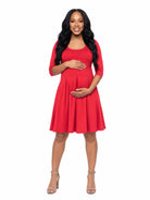 24seven Comfort Essential Maternity Scoop Neck Three Quarter Sleeve Pleated Fit N Flare Pocket Mini Dress