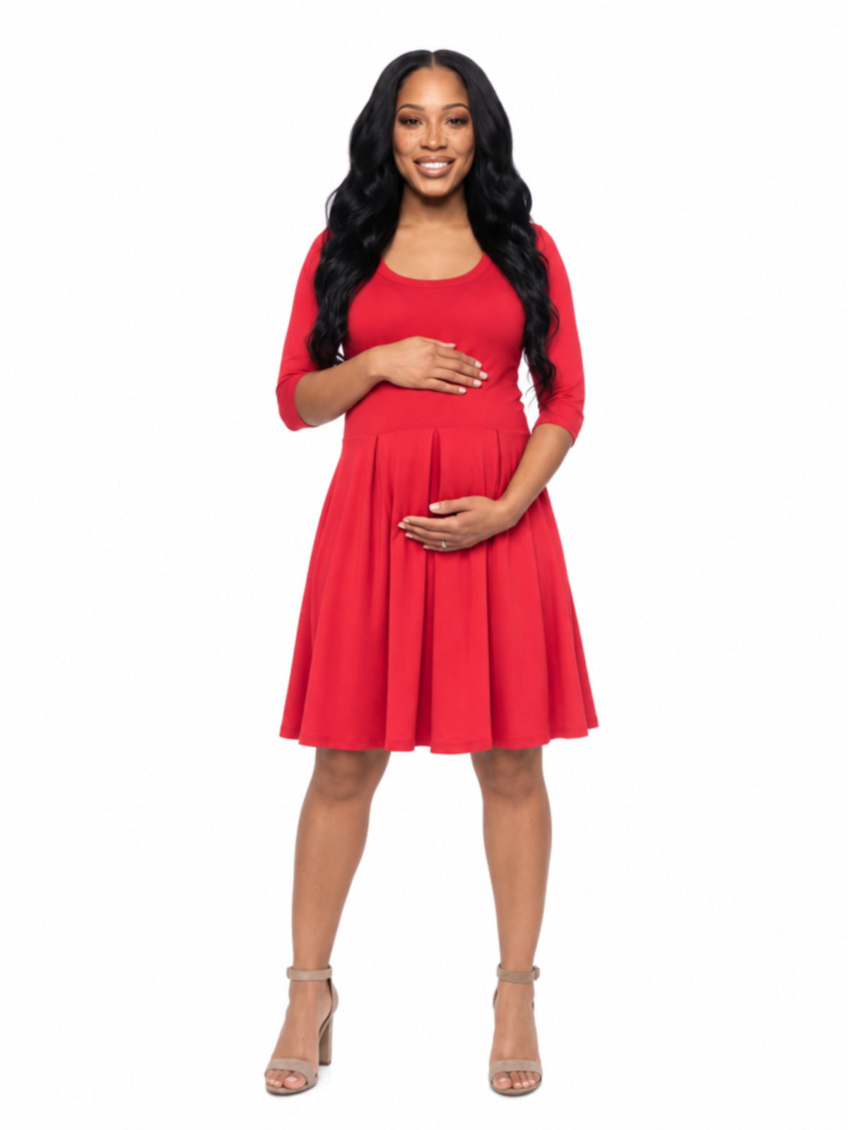 24seven Comfort Essential Maternity Scoop Neck Three Quarter Sleeve Pleated Fit N Flare Pocket Mini Dress