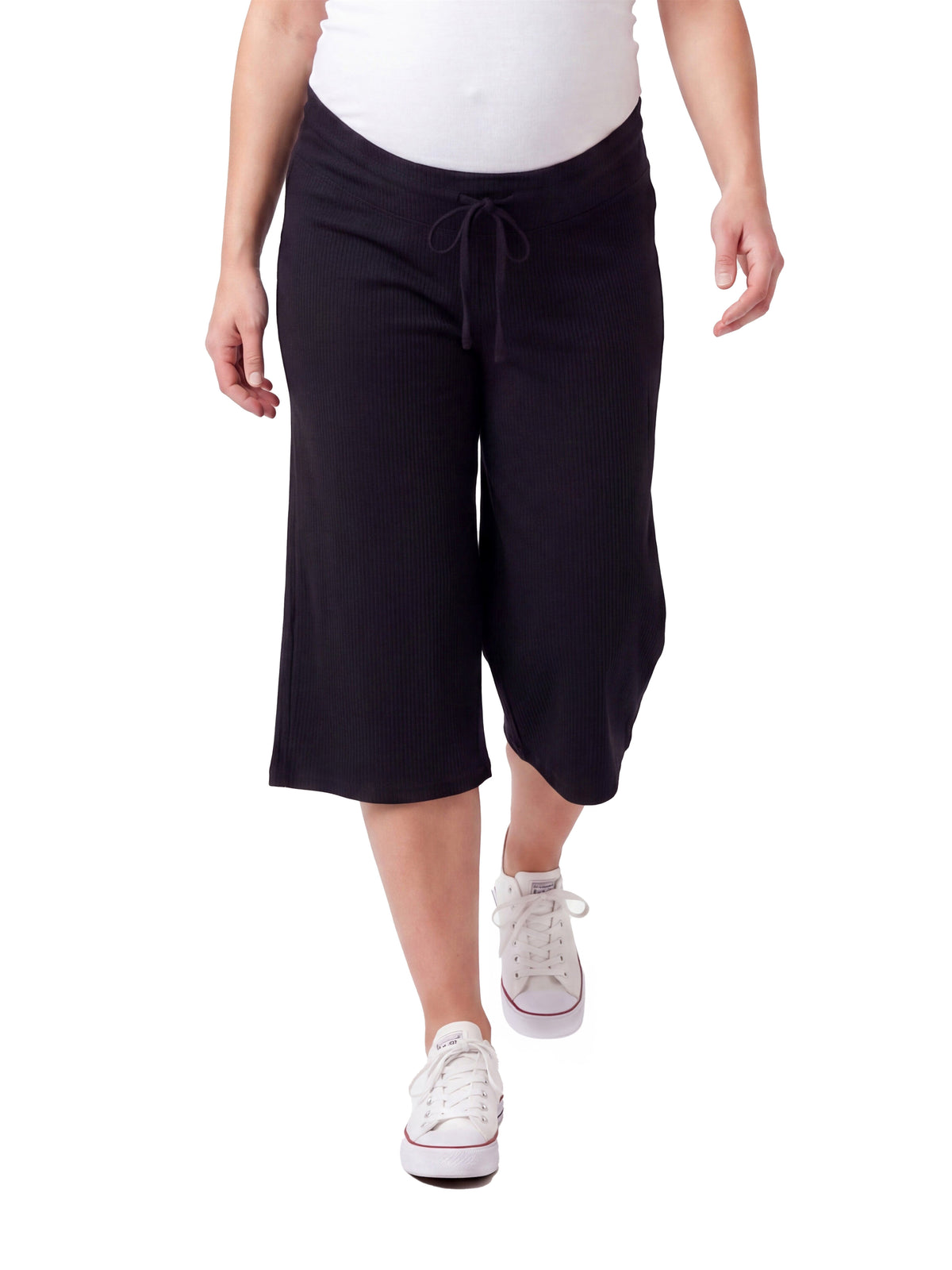 24seven Comfort Basic Maternity Ribbed Knit Drawstring Flared Capri Pants