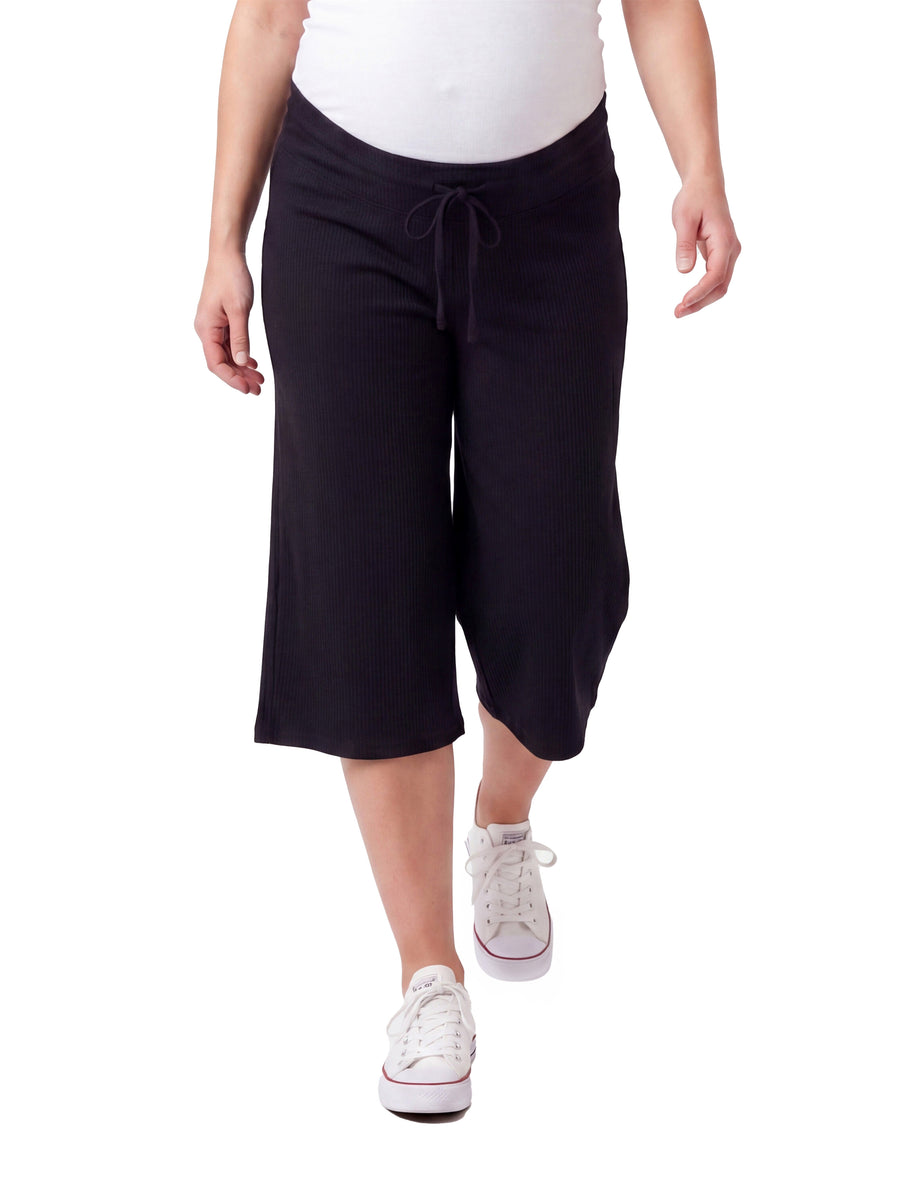 24seven Comfort Basic Maternity Ribbed Knit Drawstring Flared Capri Pants