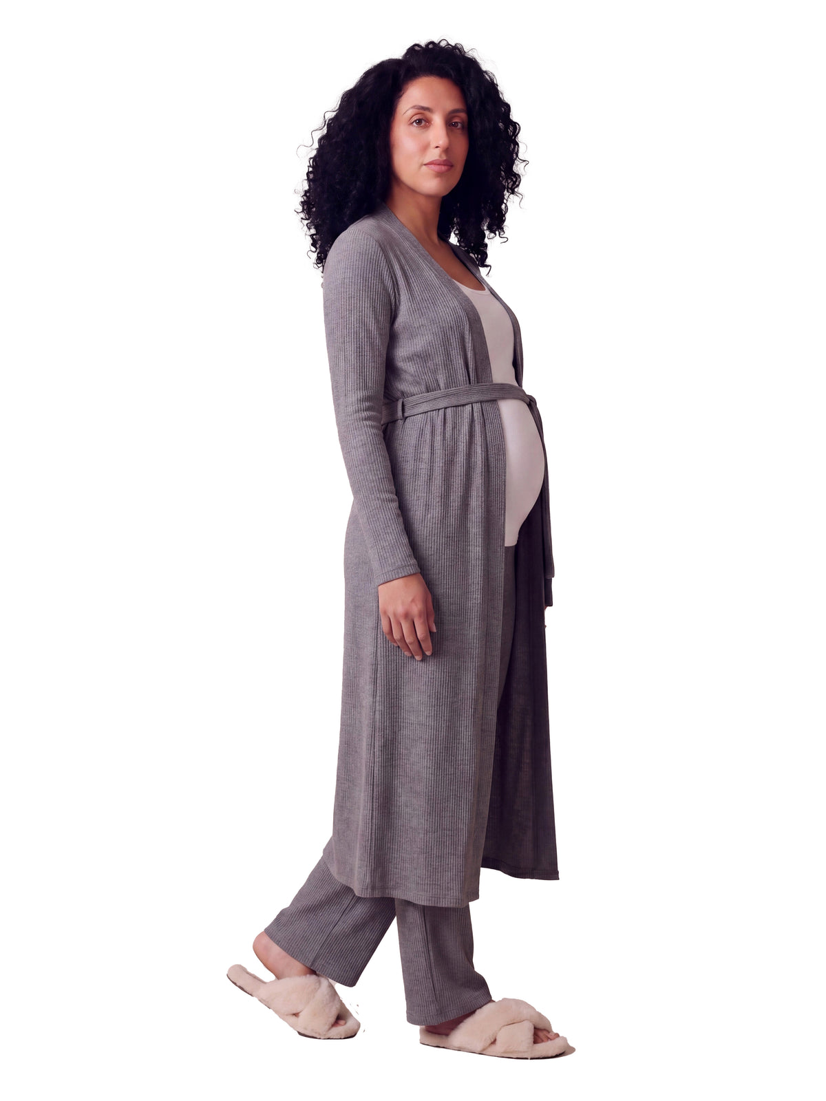 24seven Comfort Basic Maternity Long Sleeve Tie Waist Soft Jacket and Elastic Waist Wide Leg Pant Set