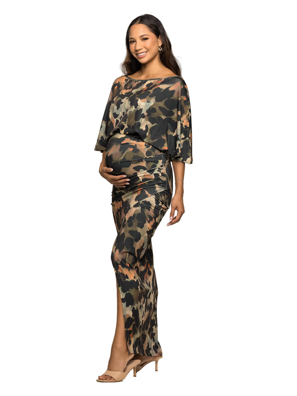 24seven Comfort Elevate Maternity Green Abstract Print Batwing Sleeve Front Slit Maxi Dress