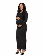 24seven Comfort Essential Maternity Long Sleeve Side Slit Fitted Black Maxi Dress