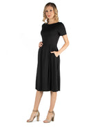 24seven Comfort Essential Maternity Boat Neck Short Sleeve Pleated Pocket Midi Dress