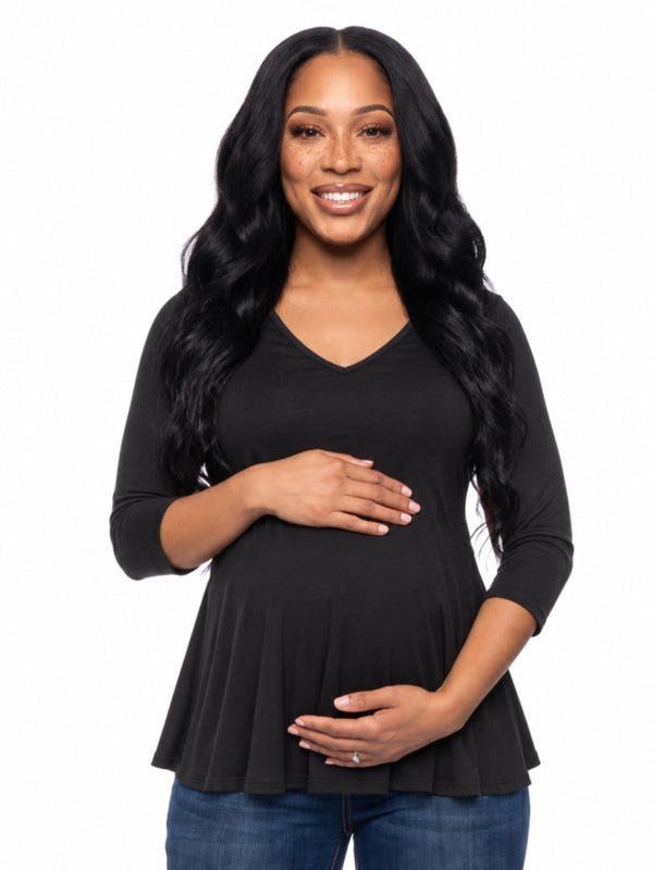 24seven Comfort Basic Maternity Three Quarter Sleeve V Neck Swing Tunic Top