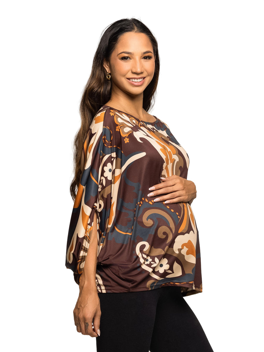 24seven Comfort Essential Maternity Brown Paisley Print Boat Neck Batwing Sleeve Top