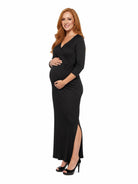 24seven Comfort Elevate Maternity Fitted V Neck Side Slit Faux Wrap Maxi Dress
